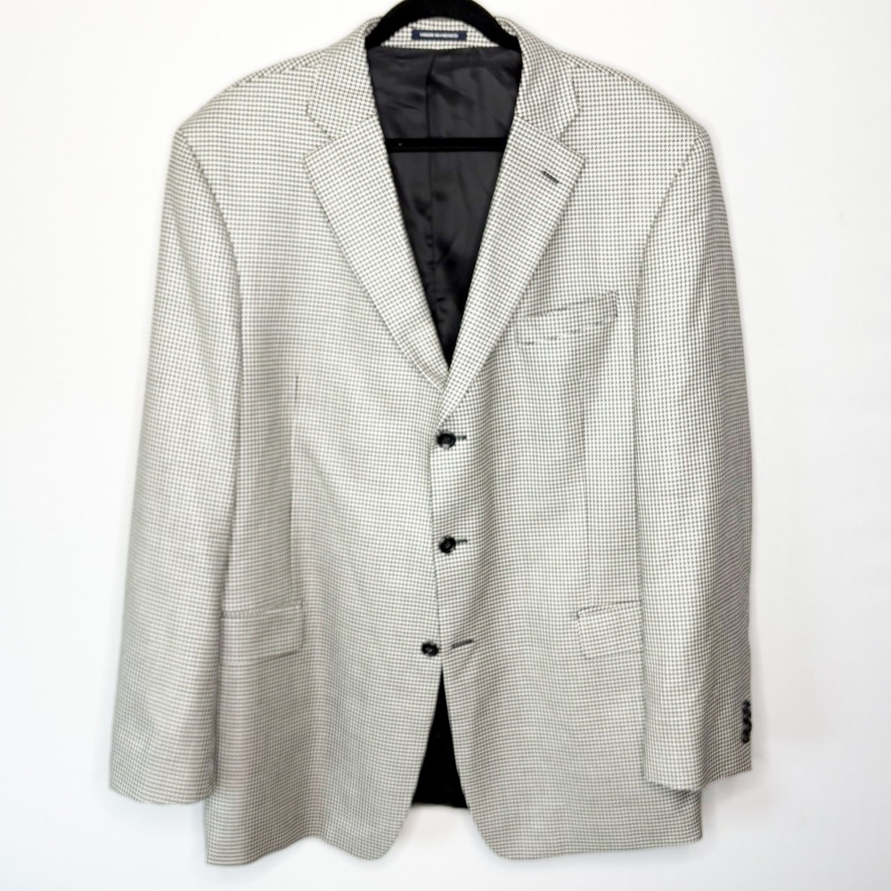 Paul Fredrick Mens 46L Houndstooth 3 Button Blazer Wool Silk Blend Black White - Picture 1 of 8